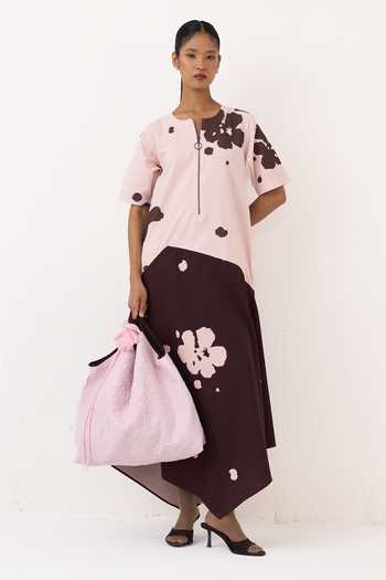 Buy_Three_Pink Cotton Round Neck Color Block Handkerchief Dress 