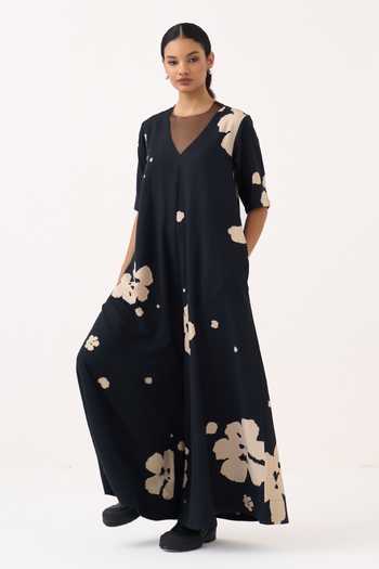 Buy_Three_Black Floral Crushed Cotton Jumpsuit _Online_at_Aza_Fashions