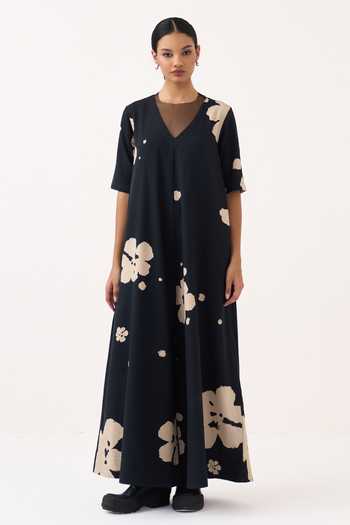 Shop_Three_Black Floral Crushed Cotton Jumpsuit _Online_at_Aza_Fashions