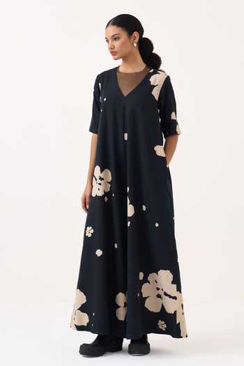 Three_Black Floral Crushed Cotton Jumpsuit _at_Aza_Fashions
