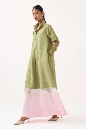 Three_Green Organza, Chanderi Notched Neck Turtle Maxi Dress _Online_at_Aza_Fashions