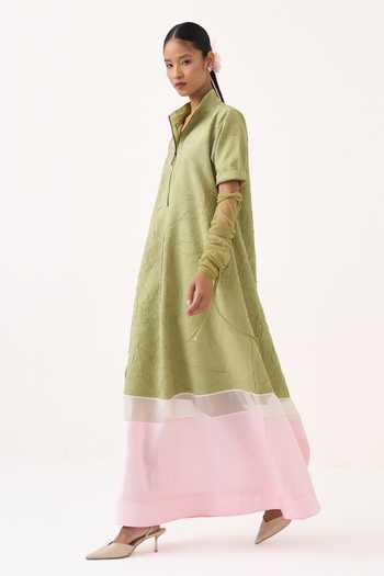 Buy_Three_Green Organza, Chanderi Notched Neck Turtle Maxi Dress _Online_at_Aza_Fashions