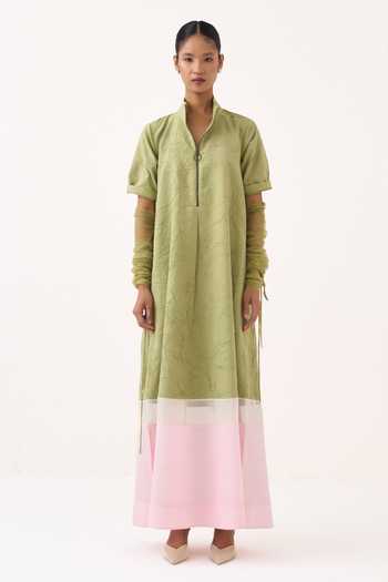 Shop_Three_Green Organza, Chanderi Notched Neck Turtle Maxi Dress _Online_at_Aza_Fashions