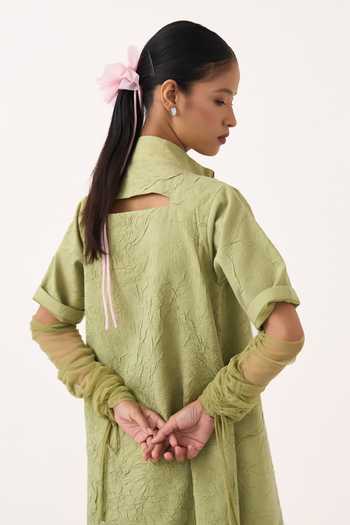 Three_Green Organza, Chanderi Notched Neck Turtle Maxi Dress _at_Aza_Fashions