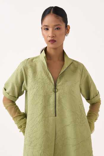 Buy_Three_Green Organza, Chanderi Notched Neck Turtle Maxi Dress 