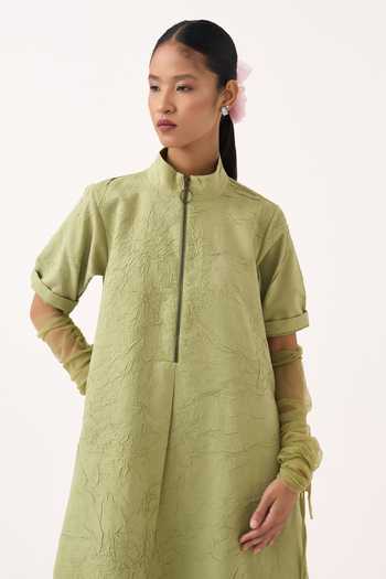 Shop_Three_Green Organza, Chanderi Notched Neck Turtle Maxi Dress 