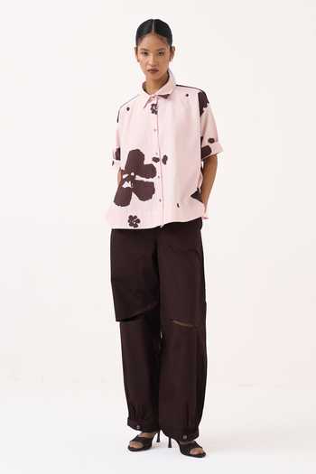 Three_Pink Cotton Collared Neck Floral Wide Hem Shirt _Online_at_Aza_Fashions