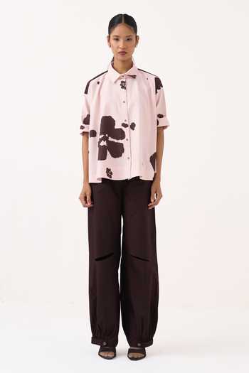 Buy_Three_Pink Cotton Collared Neck Floral Wide Hem Shirt _Online_at_Aza_Fashions