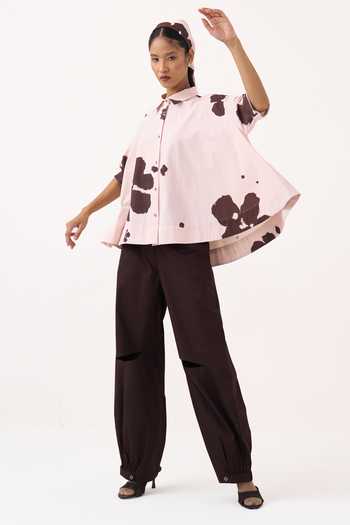 Shop_Three_Pink Cotton Collared Neck Floral Wide Hem Shirt _Online_at_Aza_Fashions