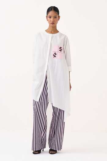 Buy Three White Cotton, Poplin Round Neck Patch Embroidered Asymmetric Hem Tunic Online at Aza Fashions Buy_Three_White Cotton, Poplin Round Neck Patch Embroidered Asymmetric Hem Tunic _Online_at_Aza_Fashions