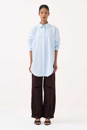 Three_Blue Poplin, Cotton Collared Neck Back Floral Drawstring Shirt _Online_at_Aza_Fashions