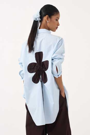 Buy_Three_Blue Poplin, Cotton Collared Neck Back Floral Drawstring Shirt _Online_at_Aza_Fashions