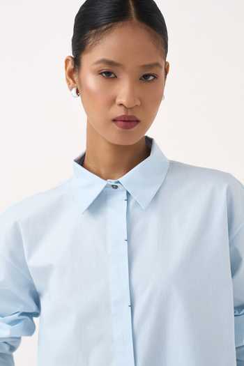 Shop_Three_Blue Poplin, Cotton Collared Neck Back Floral Drawstring Shirt _Online_at_Aza_Fashions