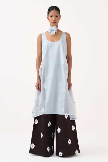Three Blue Chanderi, Organza Scoop Neck Side U Gather Tunic Online at Aza Fashions Three_Blue Chanderi, Organza Scoop Neck Side U Gather Tunic _Online_at_Aza_Fashions