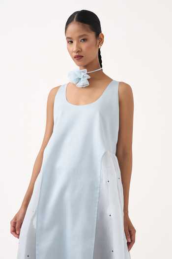 Shop Three Blue Chanderi, Organza Scoop Neck Side U Gather Tunic Online at Aza Fashions Shop_Three_Blue Chanderi, Organza Scoop Neck Side U Gather Tunic _Online_at_Aza_Fashions