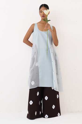 Buy Three Blue Chanderi, Organza Scoop Neck Side U Gather Tunic Buy_Three_Blue Chanderi, Organza Scoop Neck Side U Gather Tunic