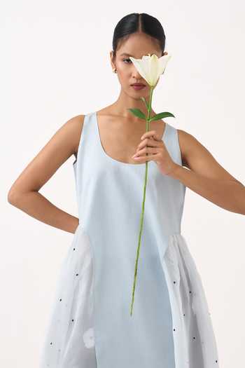 Shop Three Blue Chanderi, Organza Scoop Neck Side U Gather Tunic Shop_Three_Blue Chanderi, Organza Scoop Neck Side U Gather Tunic