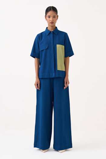 Three_Cobalt Cotton Collared Neck Back Drawstring Floral Shirt _Online_at_Aza_Fashions