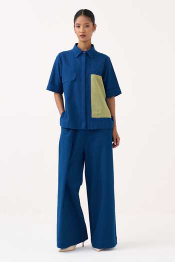 Buy_Three_Cobalt Cotton Collared Neck Back Drawstring Floral Shirt _Online_at_Aza_Fashions
