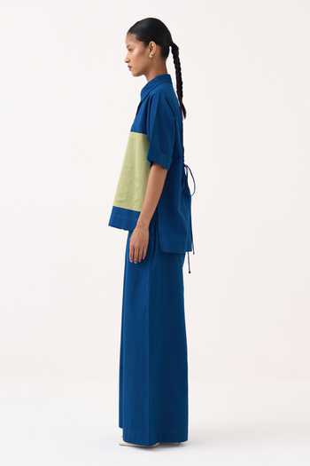 Shop_Three_Cobalt Cotton Collared Neck Back Drawstring Floral Shirt _Online_at_Aza_Fashions