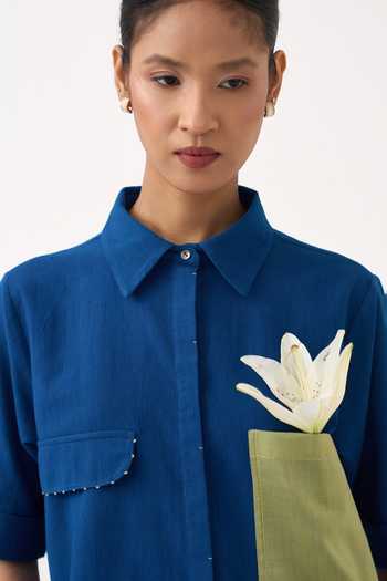 Three_Cobalt Cotton Collared Neck Back Drawstring Floral Shirt _at_Aza_Fashions