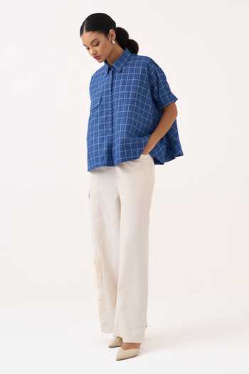 Three Blue Muslin Collared Neck Wide Hem Checkered Shirt Online at Aza Fashions Three_Blue Muslin Collared Neck Wide Hem Checkered Shirt _Online_at_Aza_Fashions