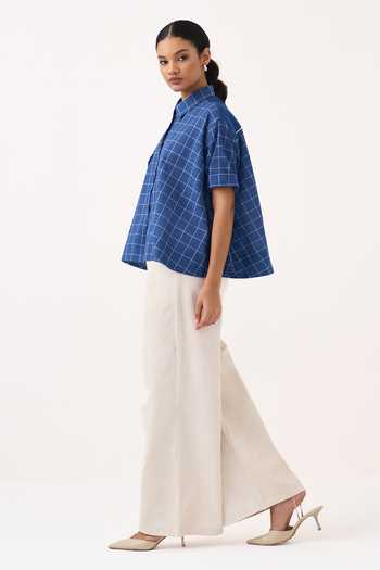 Buy Three Blue Muslin Collared Neck Wide Hem Checkered Shirt Online at Aza Fashions Buy_Three_Blue Muslin Collared Neck Wide Hem Checkered Shirt _Online_at_Aza_Fashions
