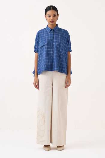Shop Three Blue Muslin Collared Neck Wide Hem Checkered Shirt Online at Aza Fashions Shop_Three_Blue Muslin Collared Neck Wide Hem Checkered Shirt _Online_at_Aza_Fashions