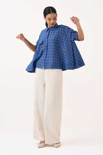 Three Blue Muslin Collared Neck Wide Hem Checkered Shirt at Aza Fashions Three_Blue Muslin Collared Neck Wide Hem Checkered Shirt _at_Aza_Fashions