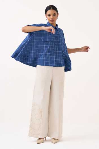 Buy Three Blue Muslin Collared Neck Wide Hem Checkered Shirt Buy_Three_Blue Muslin Collared Neck Wide Hem Checkered Shirt