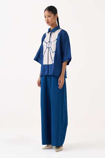 Three_Cobalt Chanderi Collared Neck Floral Applique Shirt _Online_at_Aza_Fashions