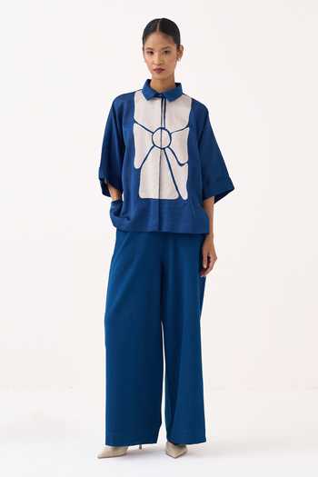 Buy_Three_Cobalt Chanderi Collared Neck Floral Applique Shirt _Online_at_Aza_Fashions