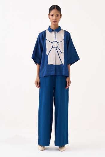 Shop_Three_Cobalt Chanderi Collared Neck Floral Applique Shirt _Online_at_Aza_Fashions
