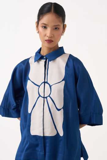 Three_Cobalt Chanderi Collared Neck Floral Applique Shirt _at_Aza_Fashions