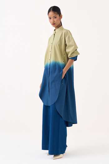 Buy Three Green Cotton, Poplin Mandarin Collar Dip-dye Side Button Tunic Online at Aza Fashions Buy_Three_Green Cotton, Poplin Mandarin Collar Dip-dye Side Button Tunic _Online_at_Aza_Fashions