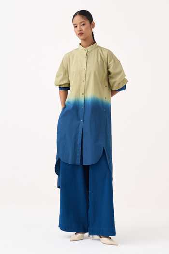 Shop Three Green Cotton, Poplin Mandarin Collar Dip-dye Side Button Tunic Online at Aza Fashions Shop_Three_Green Cotton, Poplin Mandarin Collar Dip-dye Side Button Tunic _Online_at_Aza_Fashions