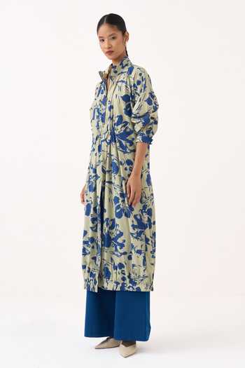 Three_Blue Cotton, Poplin Mandarin Collar Floral Print Drawstring Tunic _Online_at_Aza_Fashions