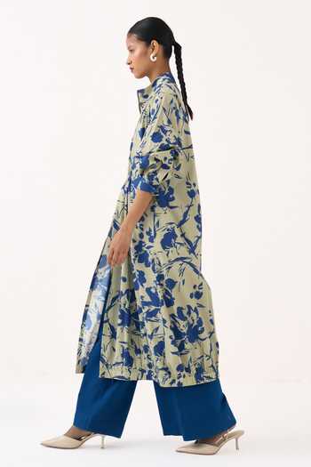 Buy_Three_Blue Cotton, Poplin Mandarin Collar Floral Print Drawstring Tunic _Online_at_Aza_Fashions