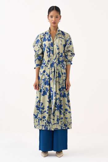 Shop_Three_Blue Cotton, Poplin Mandarin Collar Floral Print Drawstring Tunic _Online_at_Aza_Fashions