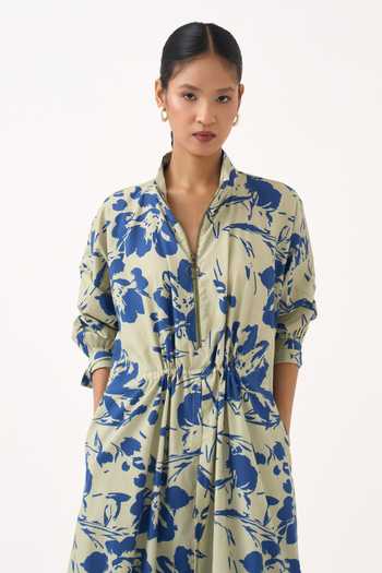 Three_Blue Cotton, Poplin Mandarin Collar Floral Print Drawstring Tunic _at_Aza_Fashions