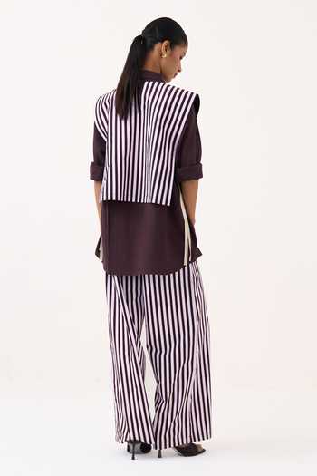 Three Floral Embroidered Striped Overlay & Shirt Set 