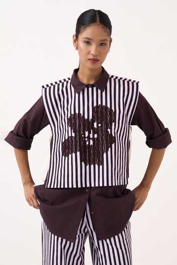Three Floral Embroidered Striped Overlay & Shirt Set 