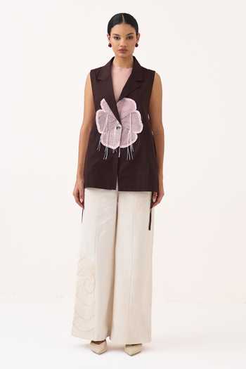 Shop Three Pink Cotton, Poplin Collared Neck Floral Applique Waistcoat Set Online at Aza Fashions Shop_Three_Pink Cotton, Poplin Collared Neck Floral Applique Waistcoat Set _Online_at_Aza_Fashions