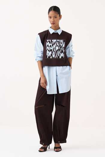 Shop Three Brown Cotton, Poplin Embroidery Collared Neck Patch Overlay With Shirt Online at Aza Fashions Shop_Three_Brown Cotton, Poplin Embroidery Collared Neck Patch Overlay With Shirt _Online_at_Aza_Fashions