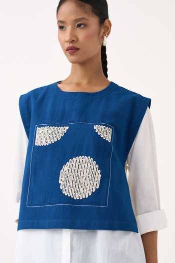 Three_Blue Cotton, Muslin Beads Round Neck Embroidered Overlay And Shirt Set _Online_at_Aza_Fashions
