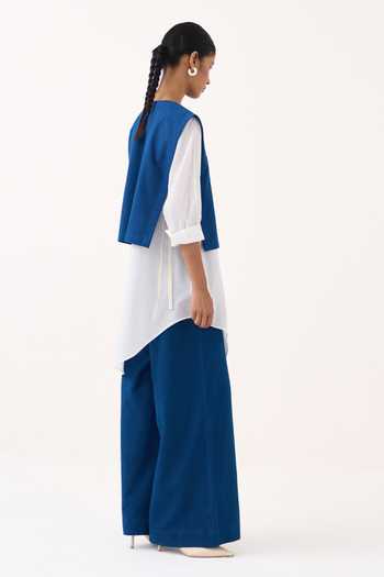 Shop_Three_Blue Cotton, Muslin Beads Round Neck Embroidered Overlay And Shirt Set _Online_at_Aza_Fashions