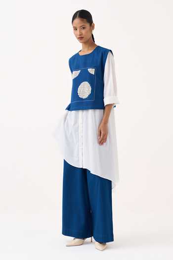 Three_Blue Cotton, Muslin Beads Round Neck Embroidered Overlay And Shirt Set _at_Aza_Fashions