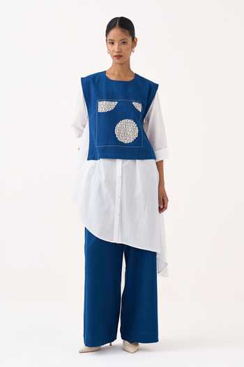 Buy_Three_Blue Cotton, Muslin Beads Round Neck Embroidered Overlay And Shirt Set 