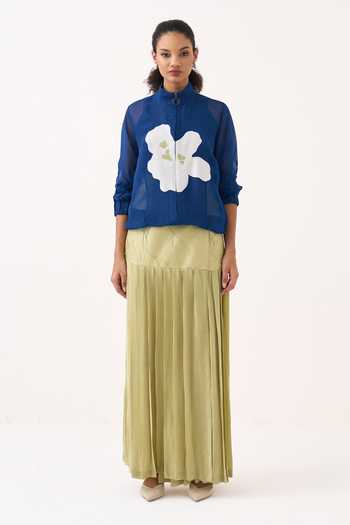 Three Cobalt Organza High Neck Floral Applique Bomber Jacket Online at Aza Fashions Three_Cobalt Organza High Neck Floral Applique Bomber Jacket _Online_at_Aza_Fashions