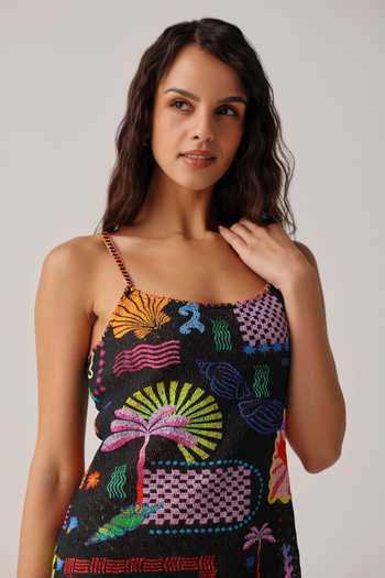 Buy_NOIB_Multi Color Square Neck Bardot Seascape Mini Coverup Dress _Online_at_Aza_Fashions